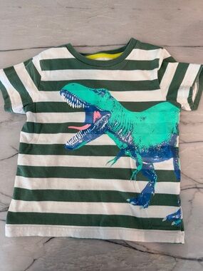 Mini Boden Green & White Striped Tee with Bright Dino Print